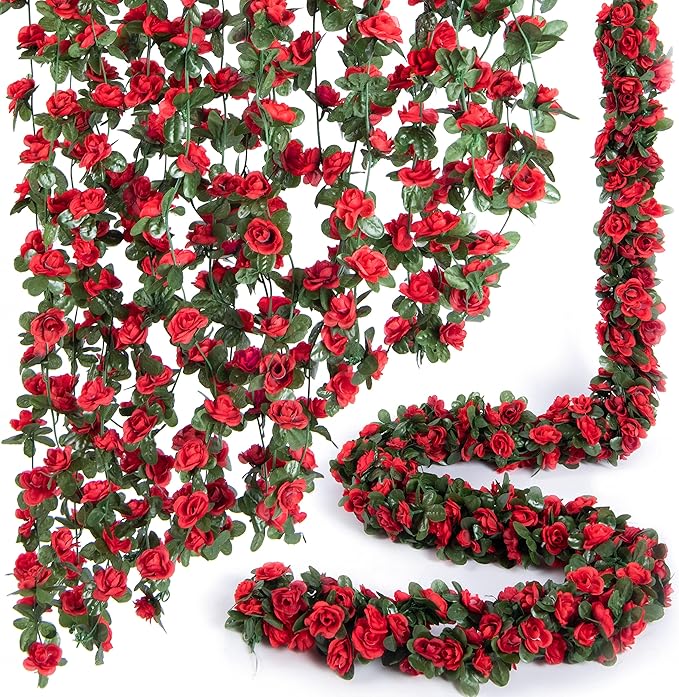 8 Pcs x 8.2 ft Flower Garland Artificial Rose Vine Flowers with Green Leaves Hanging Fake Roses Vine for Room Party Home Wedding Birthday Christmas Wall Arch Decor, Spring Red Flower