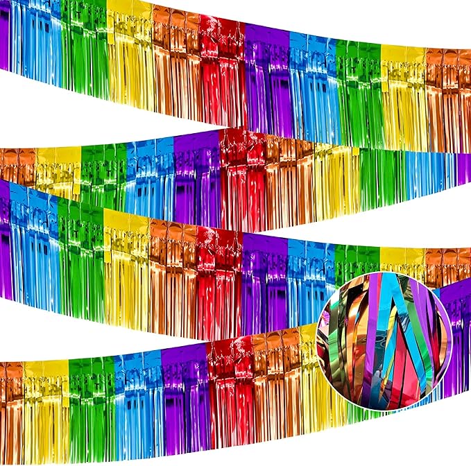 4 Pack 10 Feet Colorful Foil Fringe Garland Rainbow Tinsel Streamers Banner Fringe Curtain Banner for Parade Floats Graduation Homecoming Carnival Birthday Pride Party Decor (Rainbow)