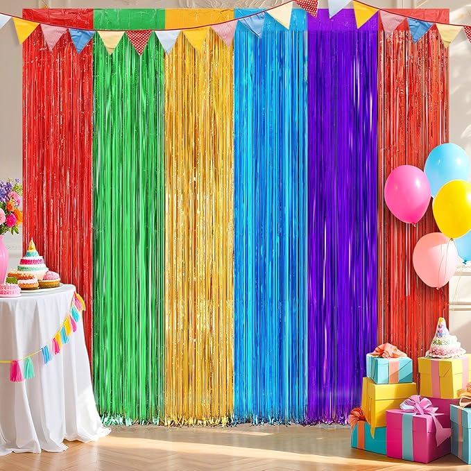 4 Pack Rainbow Foil Fringe Curtains, 3.3ft x 6.6ft Mexican Style Rainbow Streamer Curtain, Photo Booth Props Backdrop for Birthday Party, Christmas Decor, Mexican Cinco De Mayo Decorations