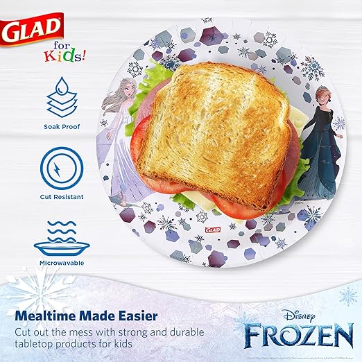 Glad for Kids Disney Frozen Disposable Paper Plates, Anna and Elsa - Heavy Duty, Soak Proof, Microwavable, Kid-Friendly Snack Plates for Everyday Use, 8.5 Inch, 40 Count