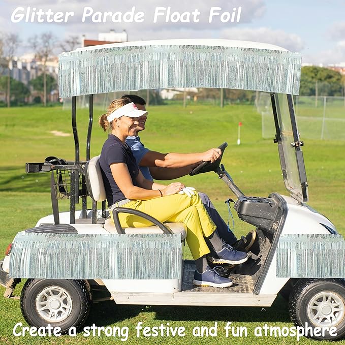 4 Pack Each 10 Feet Glitter Silver Parade Float Decorations for Trailer Car, Glitter Foil Fringe Metallic Tinsel Streamers Banner Garland for Graduation Weeding Homecoming Birthday(Glitter-Silver)