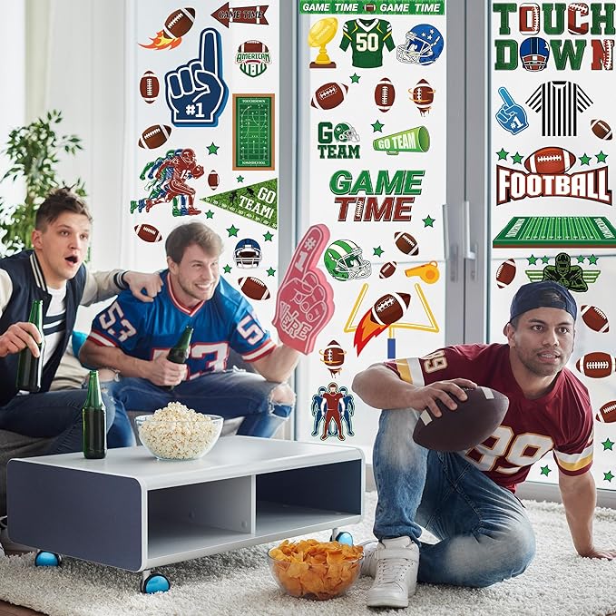 Football Window Clings, Football Party Decorations, Touch Down Party Window Stickers, Green Brown Themed Stickers Decal Gel for Touchdown Party Decor Accessories Set