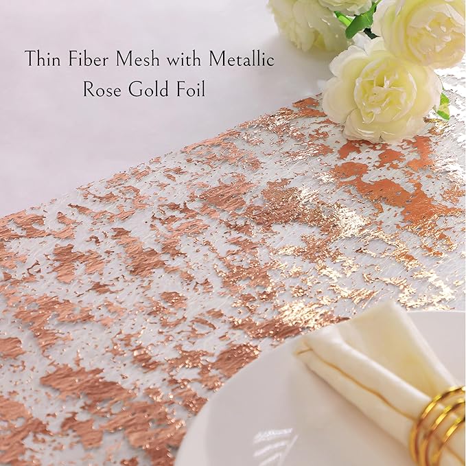Snowkingdom Rose Gold Table Runner 11 Inch x 100 Feet Glitter Sequin Metallic Pink Thin Mesh Runner Sparkly Table Decorations for Birthday, Wedding, Bridal Shower, Baby Shower Party