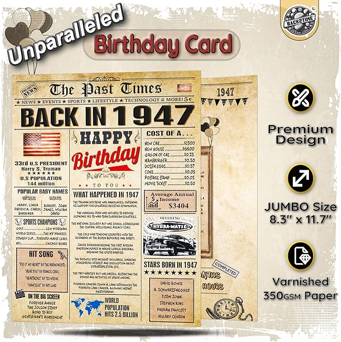 79th Birthday Card for Women Men- Back In 1947 Card - 79th HAPPY BIRTHDAY cards for Him Her - Vintage 79 th birthday gifts JUMBO size 79 th birthday decorations for husband wife - gift for 79 year old