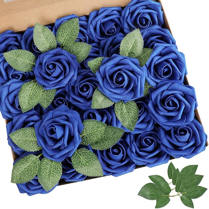 AmyHomie Artificial Flower Royal Blue Rose 25pcs Real Looking Fake Roses w/Stem for DIY Wedding Bouquets Centerpieces Arrangements Party Baby Shower Valentines Day Christmas Tree Decorations