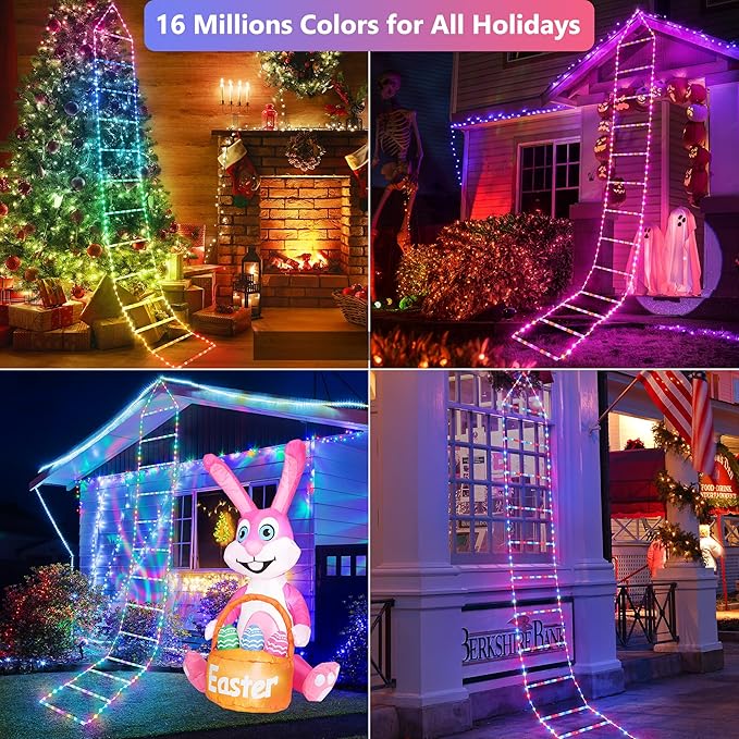 Toodour Outdoor Christmas Decorations Lights, Smart RGB Christmas Lights with Bluetooth & App Controlled, 10ft LED Ladder Light, Music Sync Color Changing Xmas Light for Home, Wall, Indoor Decor