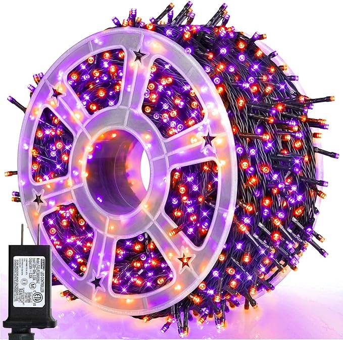 weillsnow 164FT 500 LED Halloween Lights, 8 Modes Waterproof Plug in String Lights for Halloween Indoor Outdoor Yard Party Wedding Garden Home Decorations (Purple & Orange)