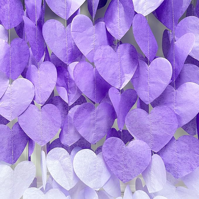 205Ft Lavender Party Decoration Ombre Purple White Heart Backdrop Streamer Tissue Paper Heart Hanging Garland for Birthday Valentines Day Bachelorette Wedding Bridal Shower Lilac Violet Party Supplies