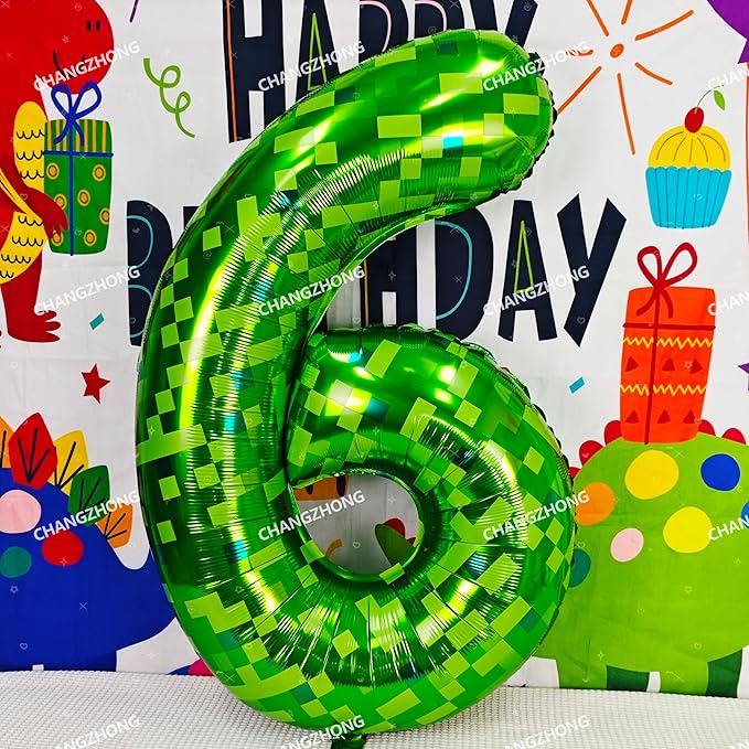 40 inch giant Green pixel miner game number 6 balloon Large mining theme foil balloon 0-9 Suitable for pixel game parties children's birthdays party anniversary celebrations baby shower decoration