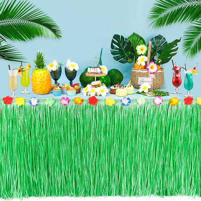 Hawaiian Table Skirt, 2PCS Gold 2PCS Green Luau Themed Grass Table Skirt Party Decorations, 108 X 29.5" Flower Tropical Hula Dance Parties Supplies, Table Skirt for Summer Beach Themed Activities