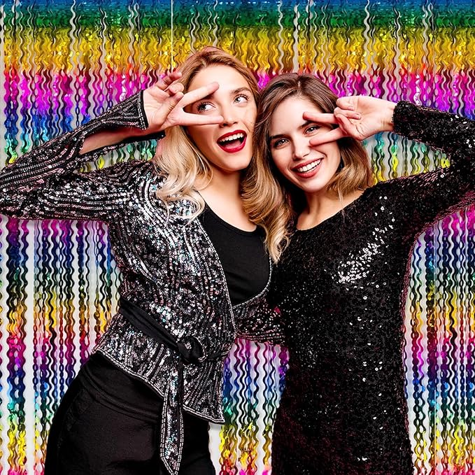 4 Pack Rainbow Wave Foil Fringe Curtain Backdrop, 3.28Ft x 8.2Ft Metallic Tinsel Foil Fringe Streamer Curtains for Photo Booth, Mother's Day, Easter, Birthday, Wedding Party Decoration