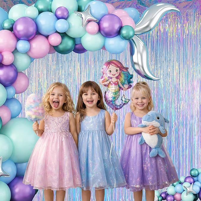 Melsan Iridescent Foil Fringe Backdrops Party Decorations - 3.2 x 6.56 ft Metallic Tinsel Photo Backdrop Curtains for Ocean Princess Birthday Parties - Iridescent 2 Packs