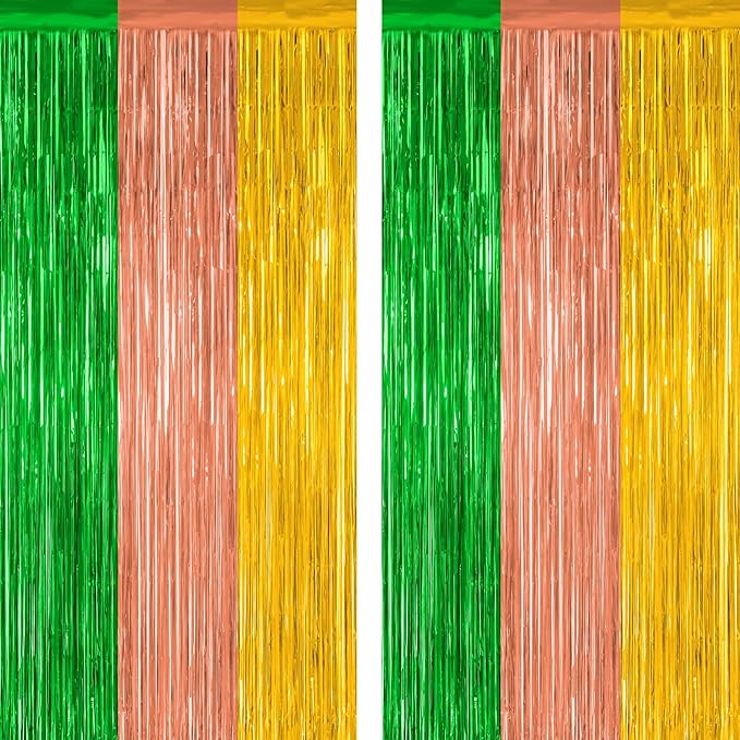 2 Pack Luau Decorations, 3.28 FT x 7.05 FT Summer Party Streamer, Green Brown Yellow Backdrop Tinsel Curtains Fringe Curtains, Metallic Hawaiian Supplies Aloha Party Decor
