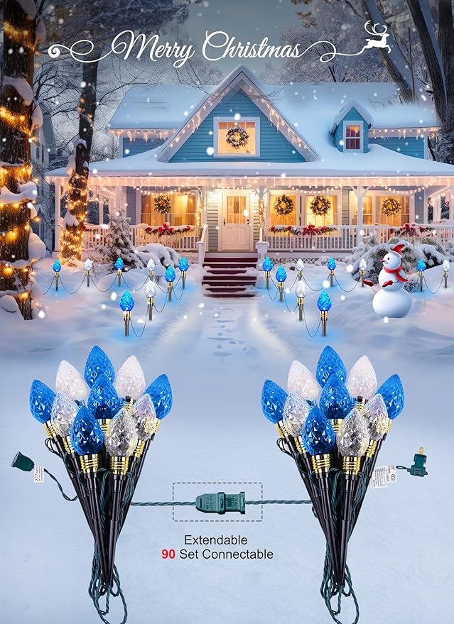 Brightown 2 Pack Strawberry C9 Christmas Pathway Lights Outdoor - Total 34.8 Feet 20 LED Christmas Walkway Lights, Christma Light Outdoor Decorations for Yard Lawn Holiday Outside, Blue & Pure White