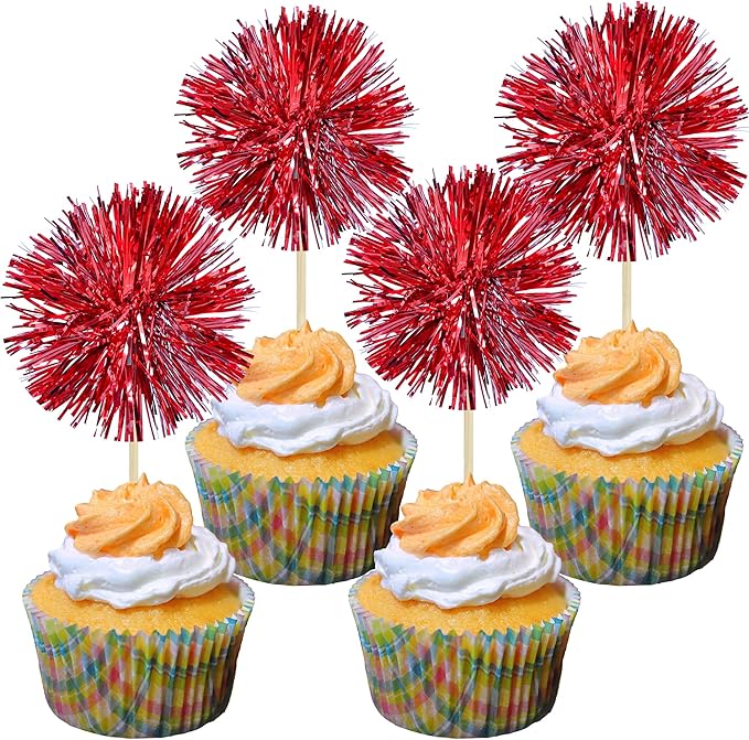 Gyufise 30Pcs Foil Firework Cupcake Toppers Sparkle Tinsel Cake Toppers Tinsel Drink Cake Decoration Cocktail Picks for Birthday Wedding Graduation Party Supplies Dark Red