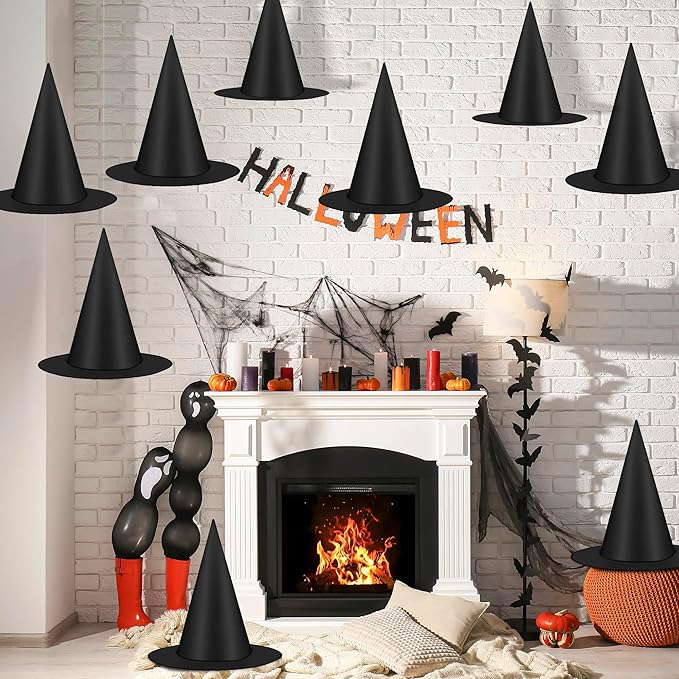 48 PCS Halloween Witches Hat, Black Witch Hat Hanging Halloween Decorations Floating Witches Hats Witch Costume Accessories Wizard Hats with 1312 FT Nylon Cord Indoor Outdoor Home Yard Decorations