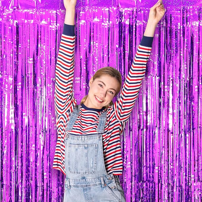 2 Pack Purple Tinsel Foil Fringe Curtains, Purple Party Decorations, Metallic Tinsel Party Streamers Backdrop for Halloween Mermaid Bachelorette Graduation Party Decorations