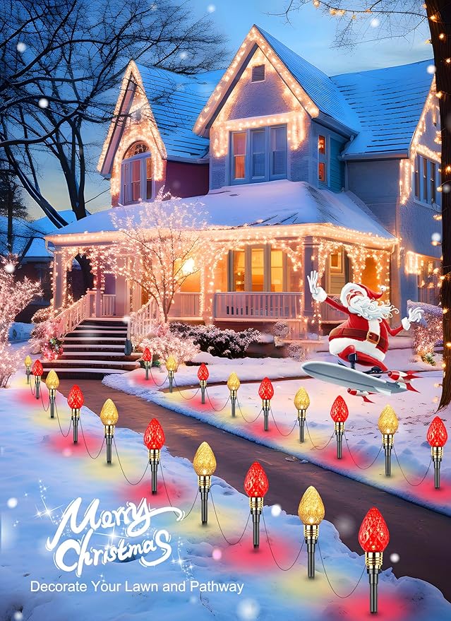 Brightown 2 Pack Strawberry C9 Christmas Pathway Lights Outdoor - Total 34.8 Feet 20 LED Christmas Walkway Lights, Christma LightsOutdoor Decorations for Yard Lawn Holiday Outside, Red & Warm White