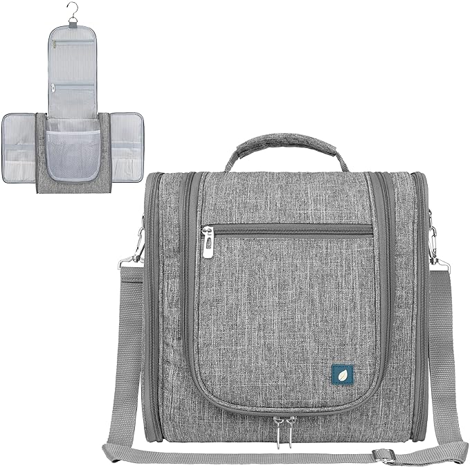 PAVILIA Extra Large Toiletry Bag Travel Bag for Women Men, Hanging Cosmetic Organizer, Water Resistant Makeup Bag for Accessories Toiletries, Travel Essentials Kit (Grey)