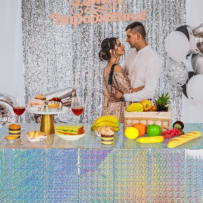 FunnyPars 4 Pack Iridescent Plastic Tablecloths Shiny Disposable Laser Rectangle Table Covers Holographic Foil Tablecloth Iridescent Party Decoration Birthday Bridal Wedding Christmas 54"x108"(Silver)