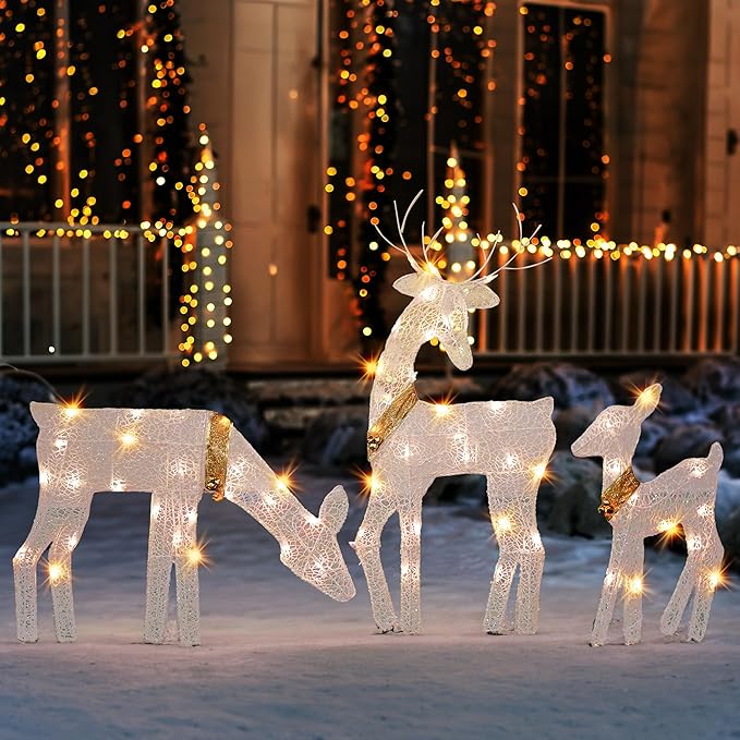 Dazzle Bright Christmas Outdoor Decoration, 3-Piece Lighted 2D Reindeer Family with 60 L, Pre-Lit Light Up Deer Set, Waterproof Outdoor Christmas Deer Decorations for Yard Patio Lawn Garden Party