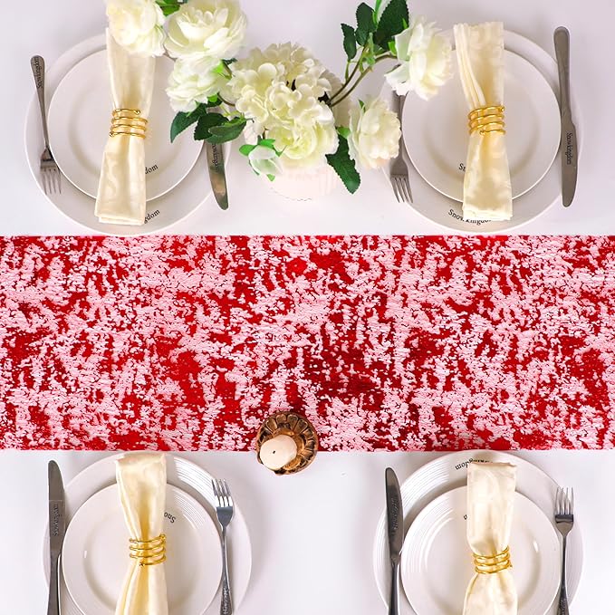 Snowkingdom Red Table Runner Sequin Glitter Foil Mesh Runner 11 Inch x 100 Feet for Romantic Wedding Anniversary Birthday Graduation Party Bridal Shower, Red Christmas Holiday Table Decorations