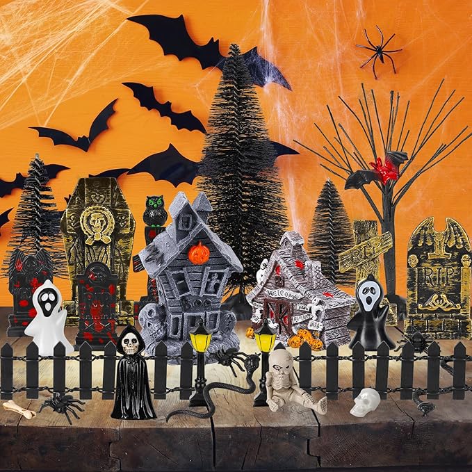 88 PCS Halloween Village Accessories Set Halloween Haunted Houses Village Miniatures Ornaments with Pumpkins Ghost Tombstones Tree Fake Spiders Fence Streetlamp Figurines for Party Home Table Decor