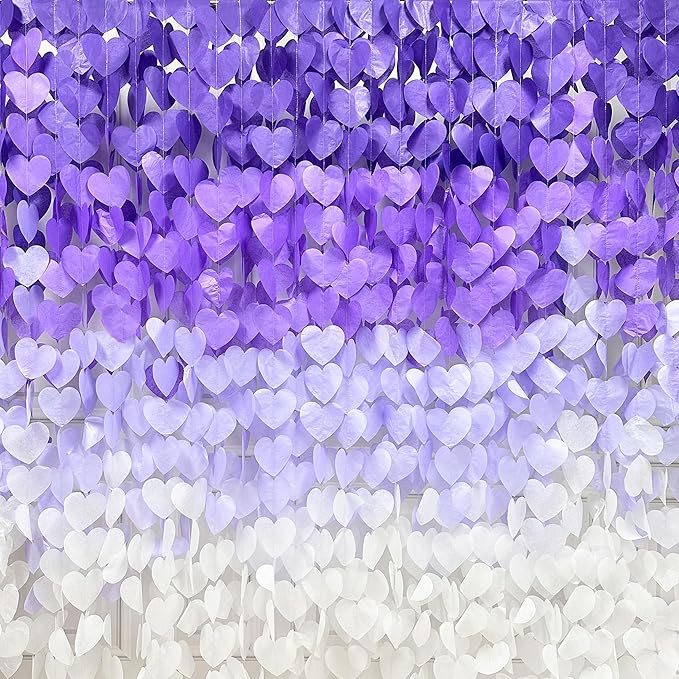 205Ft Lavender Party Decoration Ombre Purple White Heart Backdrop Streamer Tissue Paper Heart Hanging Garland for Birthday Valentines Day Bachelorette Wedding Bridal Shower Lilac Violet Party Supplies