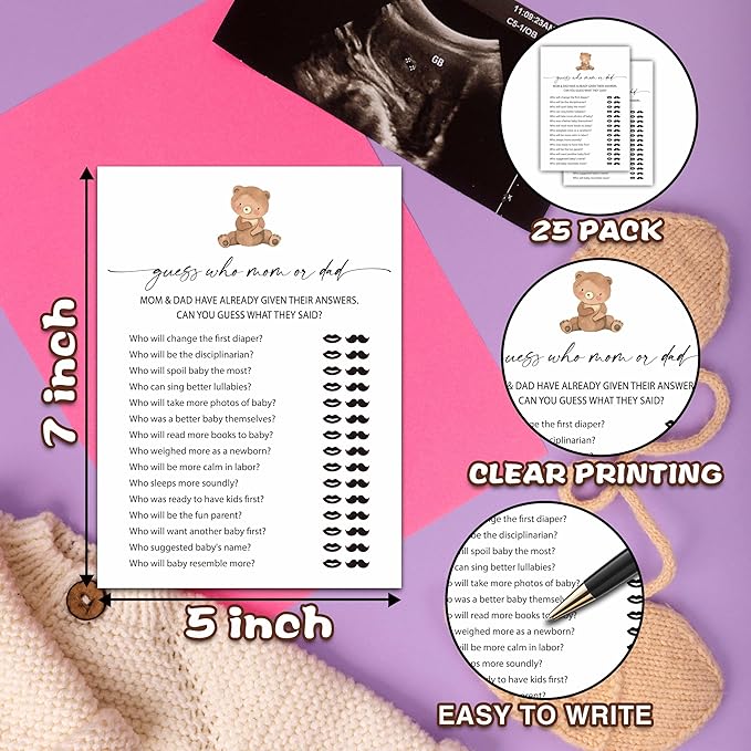 Who Mom Or Dad Games Set, Minimalism Baby Shower Party Game Card, Boho Bear Themed Gender Neutral Party Ideas Activities, Baby Shower Party Supplies & Decorations -A04