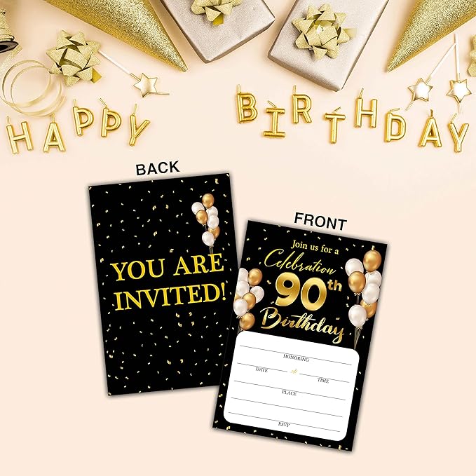 90th Birthday Invitation Cards with Envelopes - Classic Gold Theme Fill in The Blank Birthday Party Invite Cards, for Man, Woman Entertain Banquet Party Supplies, 20 Invites With Envelopes - B22