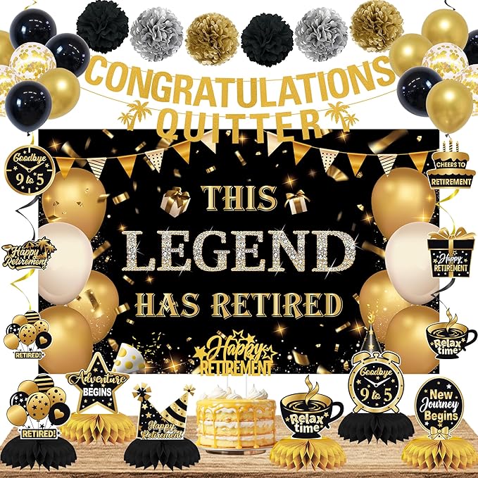 DARUNAXY Black Gold Retirement Party Decorations, This Legend Has Retired Banner Congratulations Quitter Hanging Swirl Honeycomb Confetti Balloons Black & Gold Tissue Paper Pom Poms & Cake Topper