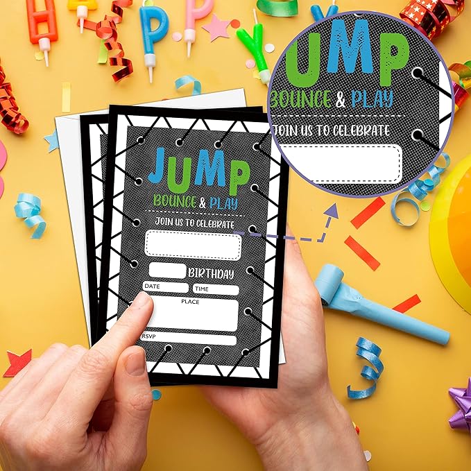 Jump Birthday Party Invitation, Bounce House Themed Fill-In Invites, 20 Invitations With Envelopes for Adults Men & Women (4" X 6"), Trampoline Party Favors Decorations and Supplies -44