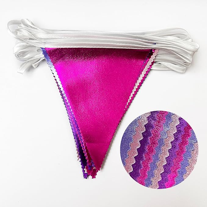 Pink and Purple Party Decorations Metallic Hot Pink Lavender Fabric Triangle Pennant Banner Flag Bunting Garland for Girls Women Birthday Wedding Baby Shower Bachelorette Engagement Party Supplies