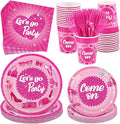 Kochorie 144 Pieces Let's Go Party Tableware Sets Including Disposable Plates Napkins Cups Forks Serves 24 for Birthday Disco Pink Girl Party Supplies