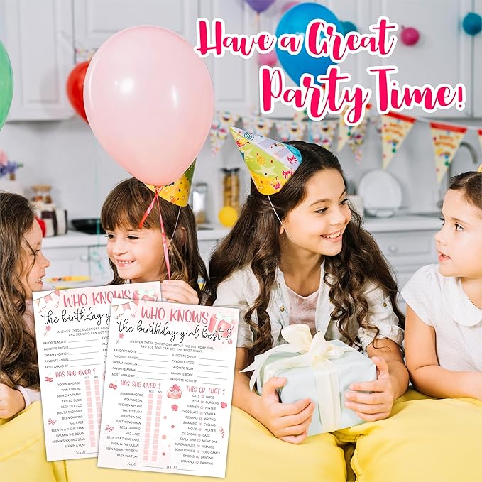 6"X8" Who Knows The Birthday Girl Best - Blush Birthday Elements - Funny Double-Sided 3-in-1 Game Card Set For Girls Birthday Party, Sleepover Party Activities, Favor & Supplies (20Pcs)- A10