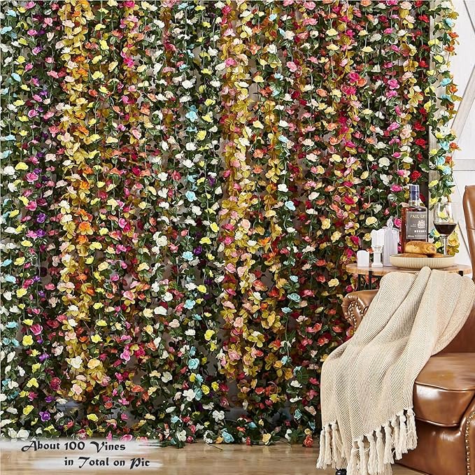 8 Pcs x 8.2 ft Flower Garland Artificial Rose Vine Flowers with Green Leaves Hanging Fake Roses Vine for Room Party Home Wedding Birthday Christmas Wall Arch Decor, Champagne Flower