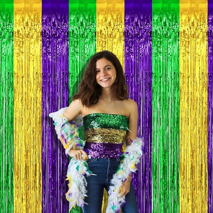 4 Pack 3.2Ft x 6.6Ft Mardi Gras Foil Fringe Curtain Backdrop, Gold Green Purple Metallic Tinsel Foil Fringe Streamers Curtains Background for Photo Booth, Birthday, Wedding, Carnival Party Decoration