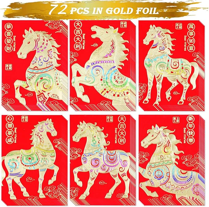 Red Envelopes Chinese New Year Of The Horse 2026, Lucky Money Envelopes For Lunar New Year, 红包, Li Xi Hongbao With 6 Gold Embossed Patterns Colorful 72Pcs Medium