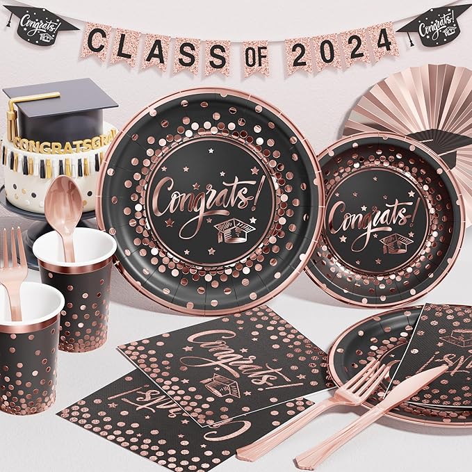 Ecomore 2026 Graduation Decorations - 245 PCS Grad Disposable Dinnerware(Serve 25) & Graduation Party Supplies With Congrats Paper Plate Cup Napkin Tablecloth Backdrop Balloon - Black Pink Rose Gold