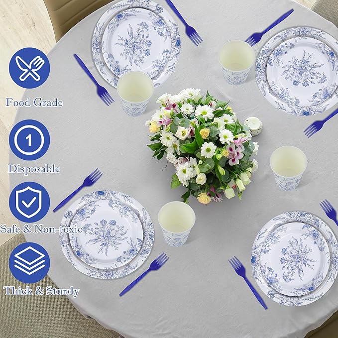 Kochorie 144 Pieces Blue and White Flower Print Party Tableware Sets Including Disposable Plates Napkins Cups Forks Serves 24 for Wedding Birthday Baby Shower Party Supplies