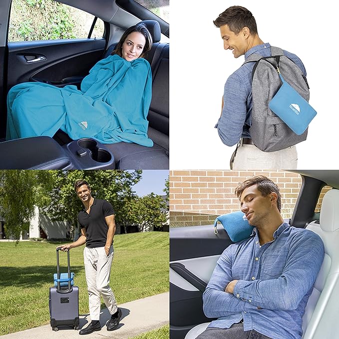 BlueHills Travel Blanket Pillow Compact Lightweight Pocket Size Airplane Traveling Essential Flight Trip Throw in Bag Portable Case Plane Accessory Teal Blue L03