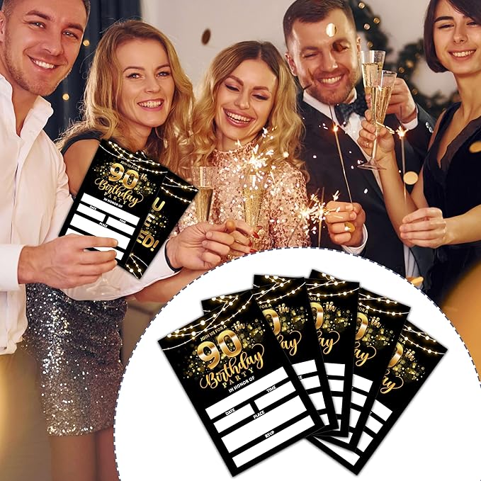 90th Birthday Invitations, Birthday Party Invitations For Women Men, 90 Year Old Birthday Invites, Black Gold Birthday Party Decorations Favors, 20 Invitations with 20 Envelopes - C01