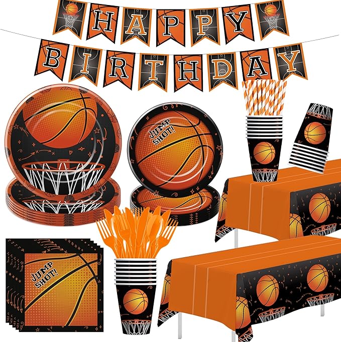 Basketball Party Decorations Tableware - Sports Theme Basketball Birthday Party Supplies, Paper Plate, Cup, Napkin, Tablecloth, Disposable Cutlery, Banner | Serves 24