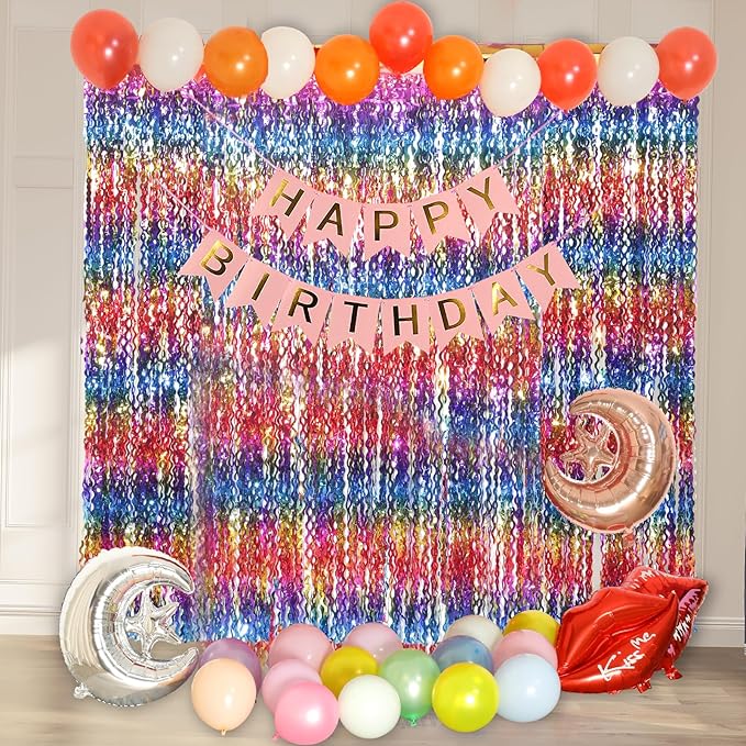 4 Pack Wavy Rainbow Foil Fringe Curtain | 3.3x6.6ft Colorful Tinsel Metallic Streamers Holiday Photo Booth Props Backdrop for Engagement Bridal Shower Unicorn Party Decorations
