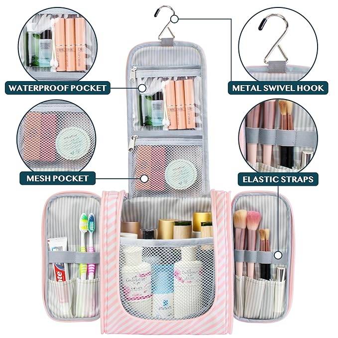 PAVILIA Toiletry Bag Travel Bag for Women Men, Hanging Cosmetic Organizer, Water Resistant Makeup Bag for Accessories Toiletries, Large Travel Essentials Kit (Pink Stripe)