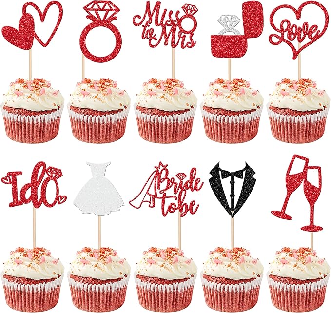 30 PCS Bride to Be Cupcake Toppers Glitter Miss to Mrs I Do Love Heart Ring Cupcake Picks Wedding Bridal Shower Cake Decorations for Wedding Engagement Bachelorette Party Supplies Red