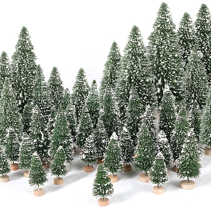 30Pcs Mini Christmas Trees Artificial Christmas Tree Bottle Brush Trees with Wooden Base for Christmas Decor Christmas Party Home Table Craft Decorations(Green-A)