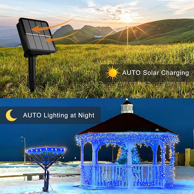 Solar String Lights for Outside, 39Ft 100 LED Solar String Lights Outdoor with 8 Modes，Solar Lights for Outside Waterproof for Yard, Fence,Balcony, Party,Christmas Tree Decorations (Blue)