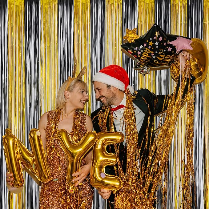 Melsan Black and Gold Fringe Curtain Photo Streamers Backdrop 3.2ft X 8ft for New Years EVE, Graduation, Retirement and Birthday Party Decorations - Pack of 2