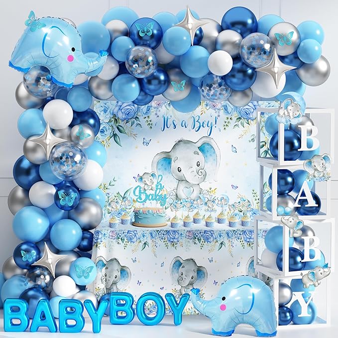 Elephant Baby Shower Decorations for Boy Elephant Themd Birthday Party Supplies Balloon Garland It's a Boy Backdrop Tablecloth Cake Toppers Foil Balloon for Baby Shower Decor